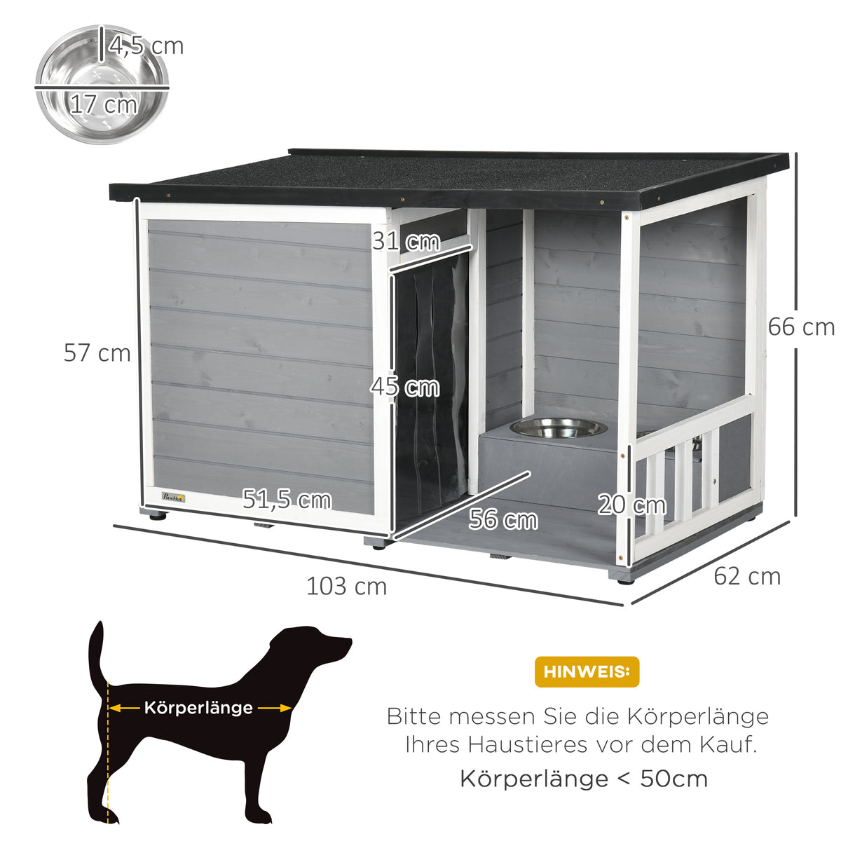 PawHut Hundehütte aus Massivholz, mit 2 Fressnäpfen, Veranda, wetterbeständig, 103 cm x 62 cm x 66 cm, Grau + Weiß