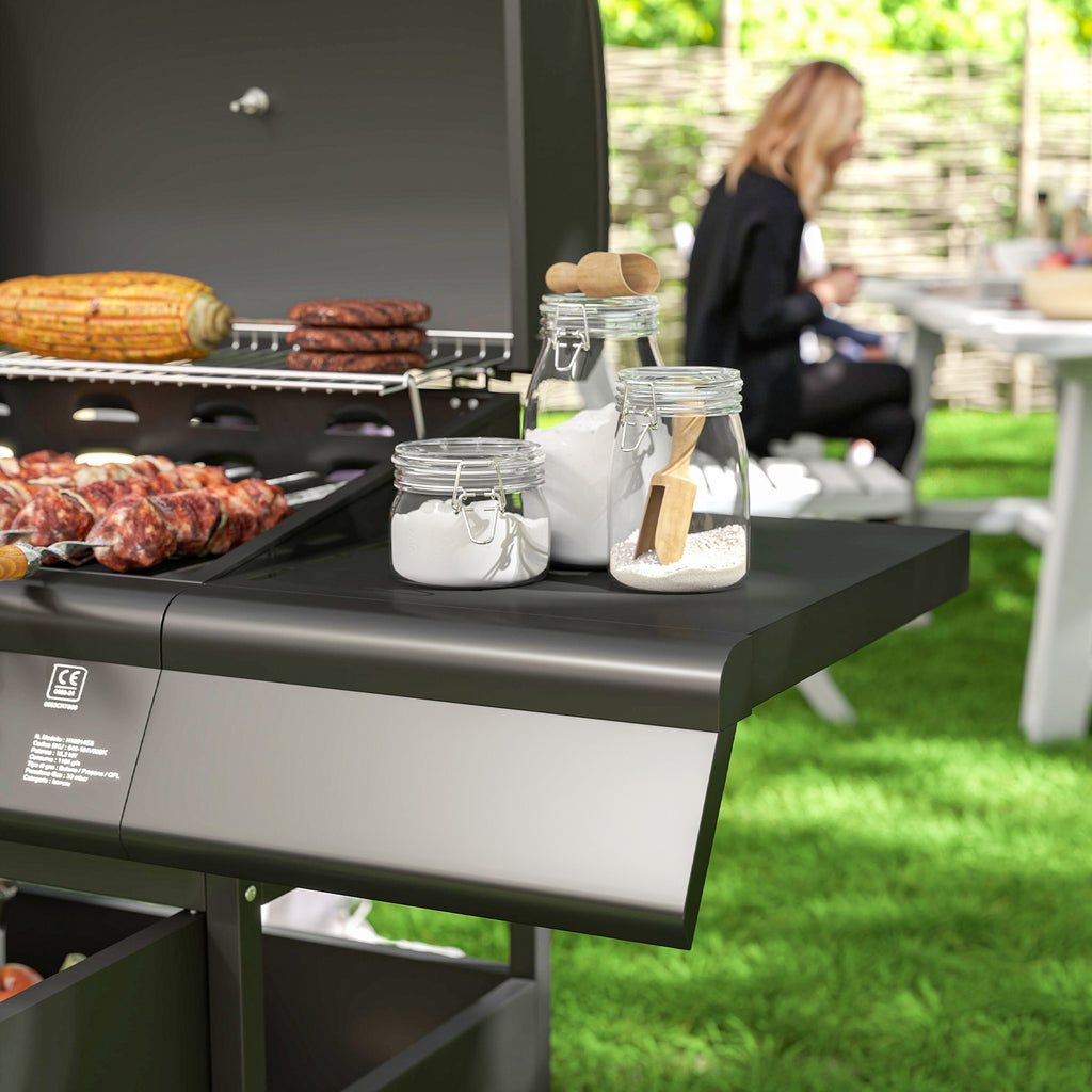 Outsunny Gasgrill 15,2 KW Grillwagen inkl 5 Edelstahl-Brenner Rolle Seitenkocher 129,5 x 56 x 110 cm Schwarz