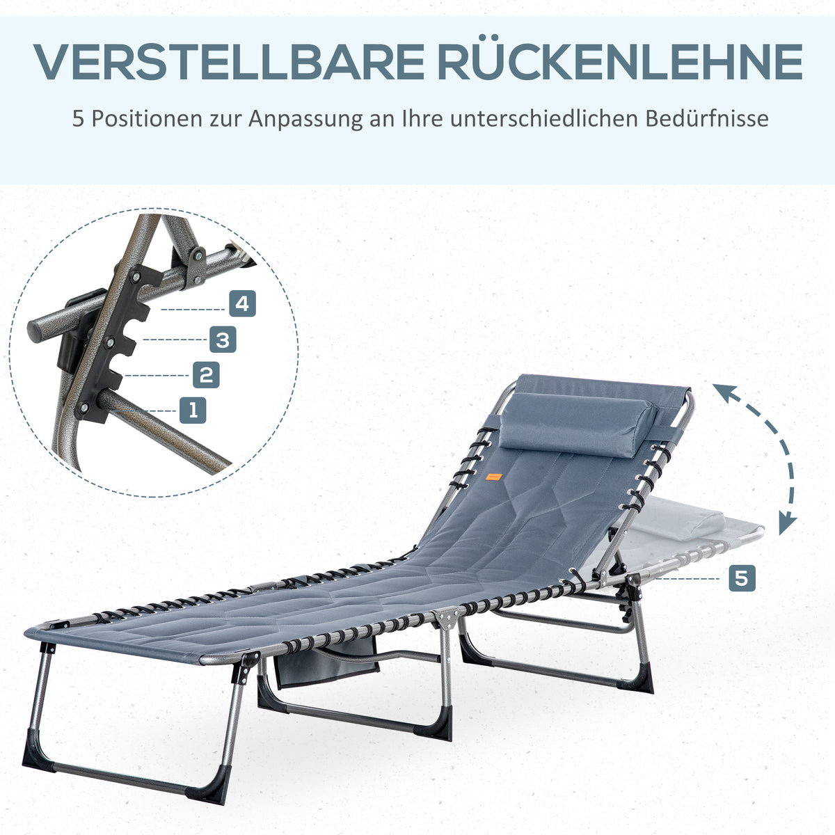 Outsunny Sonnenliege, Faltbare Gartenliege, Klappliege mit Kissen, 5-stufige Rückenlehne, Oxfordstoff, 188 x 57 x 30 cm, Grau