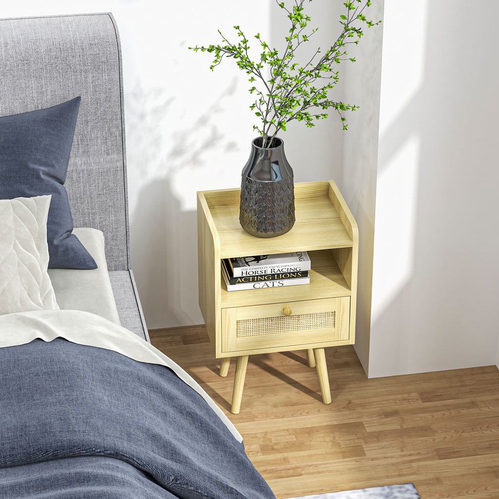 HOMCOM Set mit 2 Nachttischen mit Rattan-Effekt Schublade und offenem Fach, 40 x 30 x 60 cm, Naturholzoptik