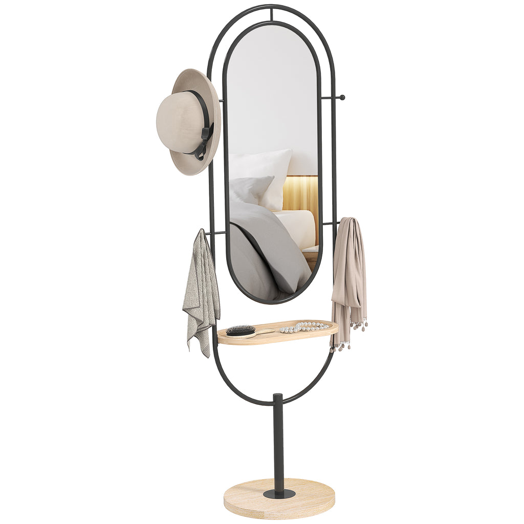 HOMCOM Ovaler Standspiegel mit Holzregal, 4 Haken und Metallrahmen, 50 x 40 x 175,5 cm, Schwarz