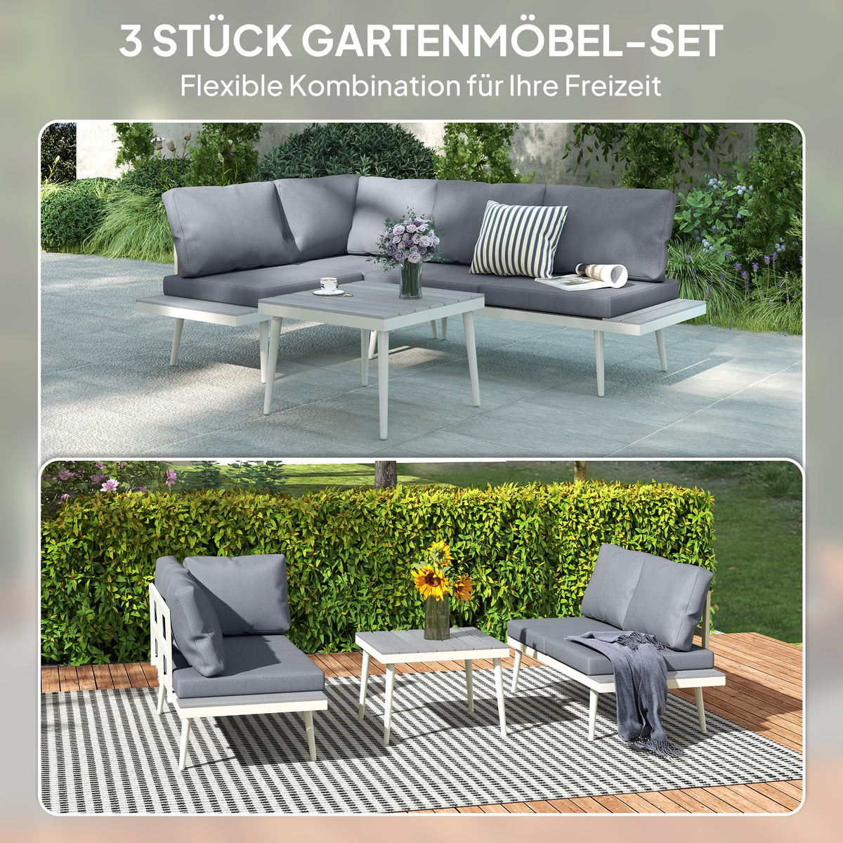 Outsunny Gartenmöbel Set 4 Personen wetterfest Balkonmöbel-Set mit 2er Sofa, Kissen Beistelltisch Stahl Grau