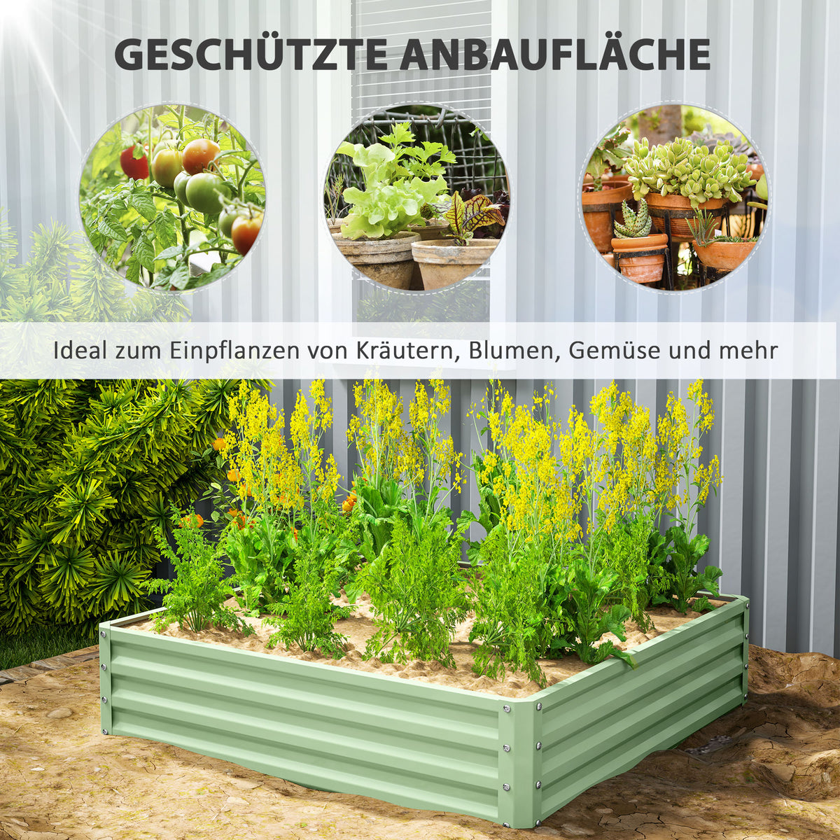 Outsunny Gartenbeet, Pflanzkasten mit Stahlgehäuse, Grün, 120 x 120 x 30 cm