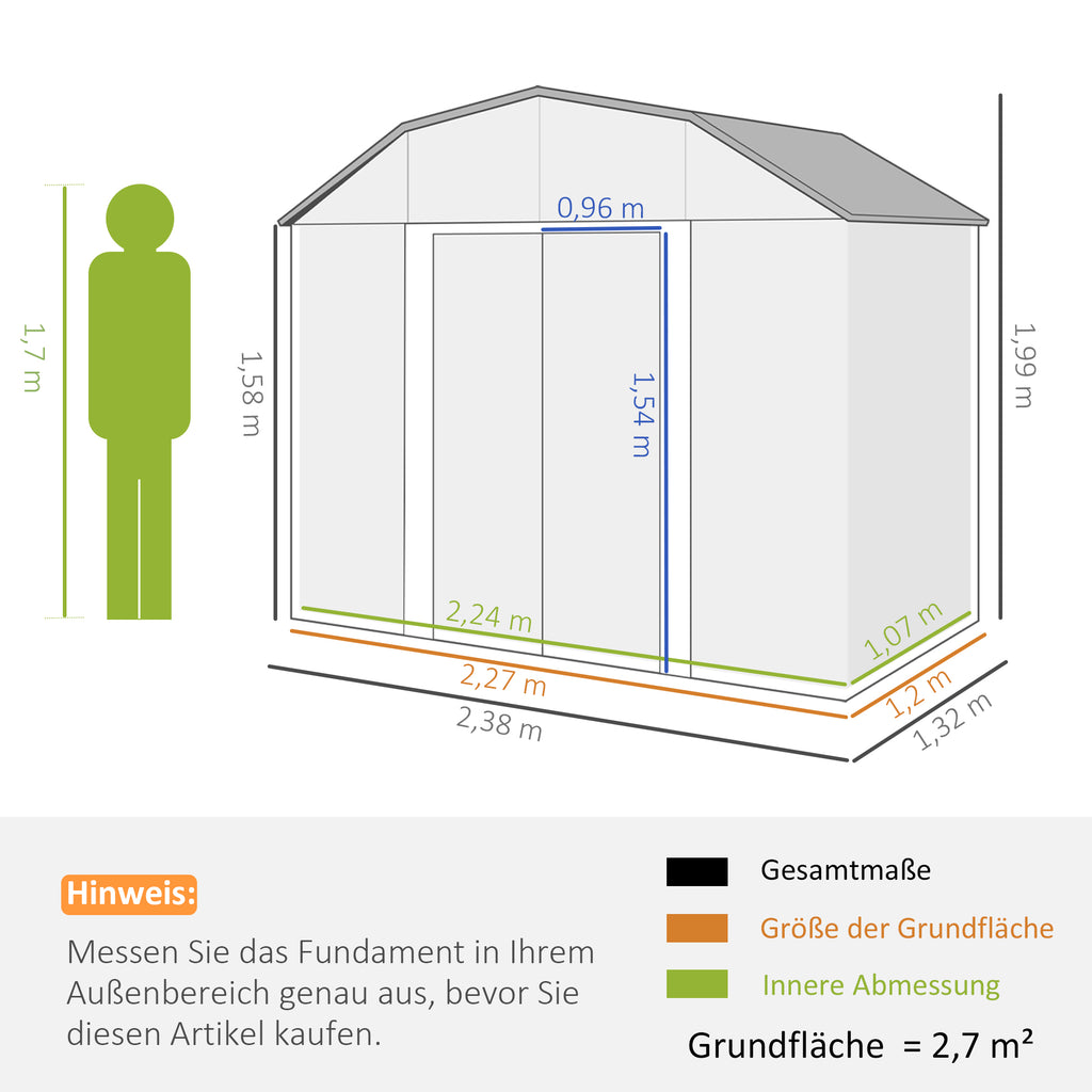 Outsunny Gartenhaus Geräteschuppen Gartenschuppen, wetterbeständig, 2 Fenster, 2 Türen, 238 x 132 x 198,5 cm, Dunkelgrau