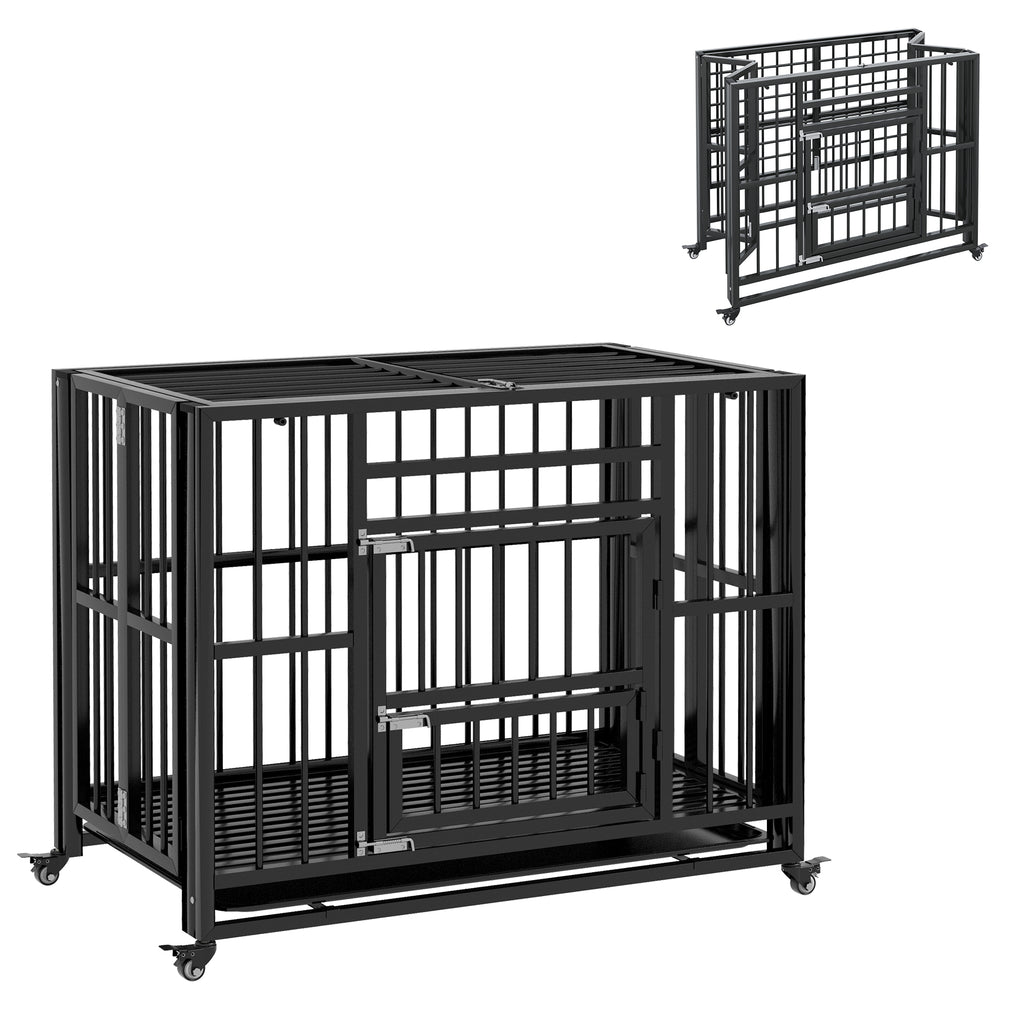 PawHut Hundebox Hundekäfig, inkl. Bodenwanne, Verriegelung, Universalrollen, 94 cm x 58 cm x 78 cm, Schwarz