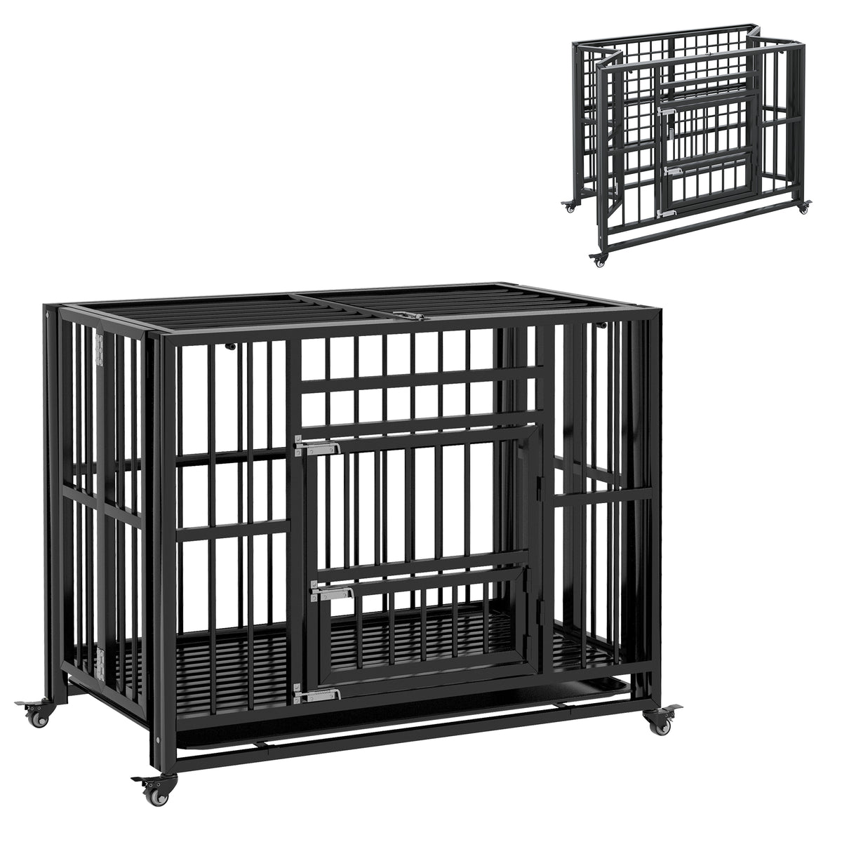 PawHut Hundebox Hundekäfig, inkl. Bodenwanne, Verriegelung, Universalrollen, 94 cm x 58 cm x 78 cm, Schwarz