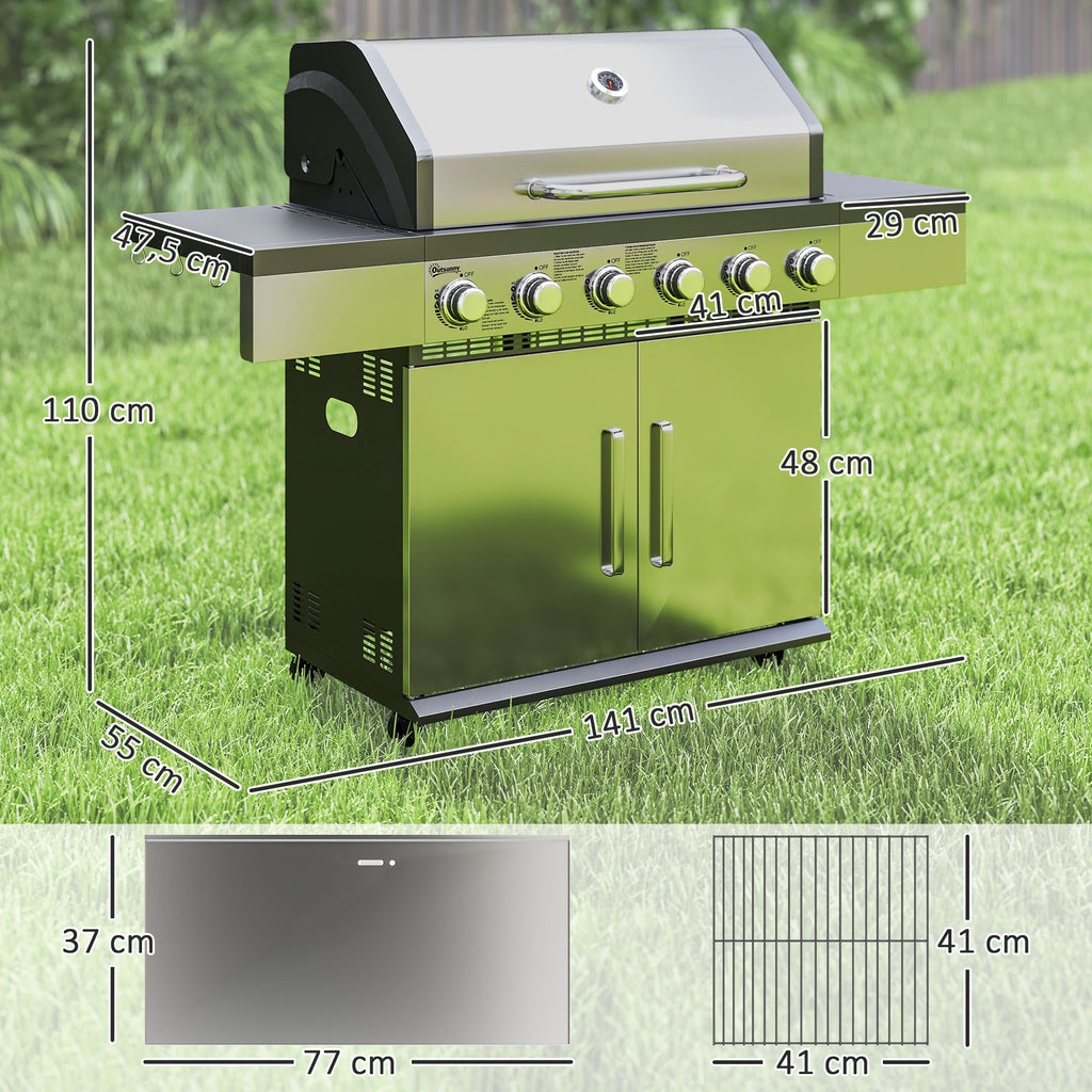 Outsunny Gasgrill 8500BTU Grillwagen inkl 6 Edelstahl-Brenner Thermometer Druckminderer 141 x 55 x 110 cm Silber