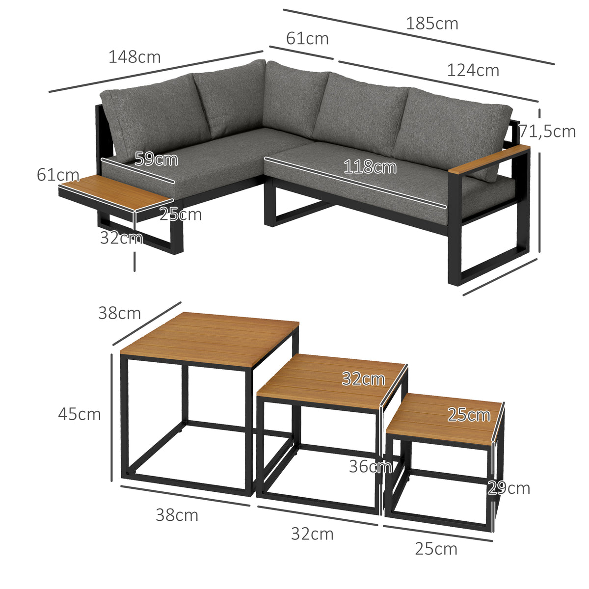 Outsunny Outdoorsitzgruppe 5-teiliges Loungemöbelsicht Gartenmöbelset, 148 cm x 61 cm x 71,5 cm, Grau + Natur