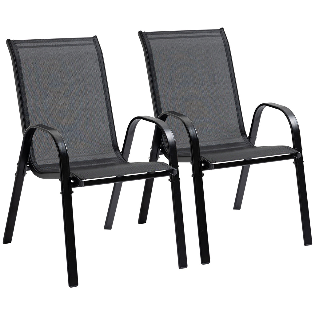 Outsunny Gartenstuhl 2er Set wetterfest Gartenstühle Stapelstuhl mit Armlehne Rückenlehne stapelbar Terrassenstuhl bis 120 kg belastbar Gartenmöbel für Hinterhof, Garten, Balkon Schwarz