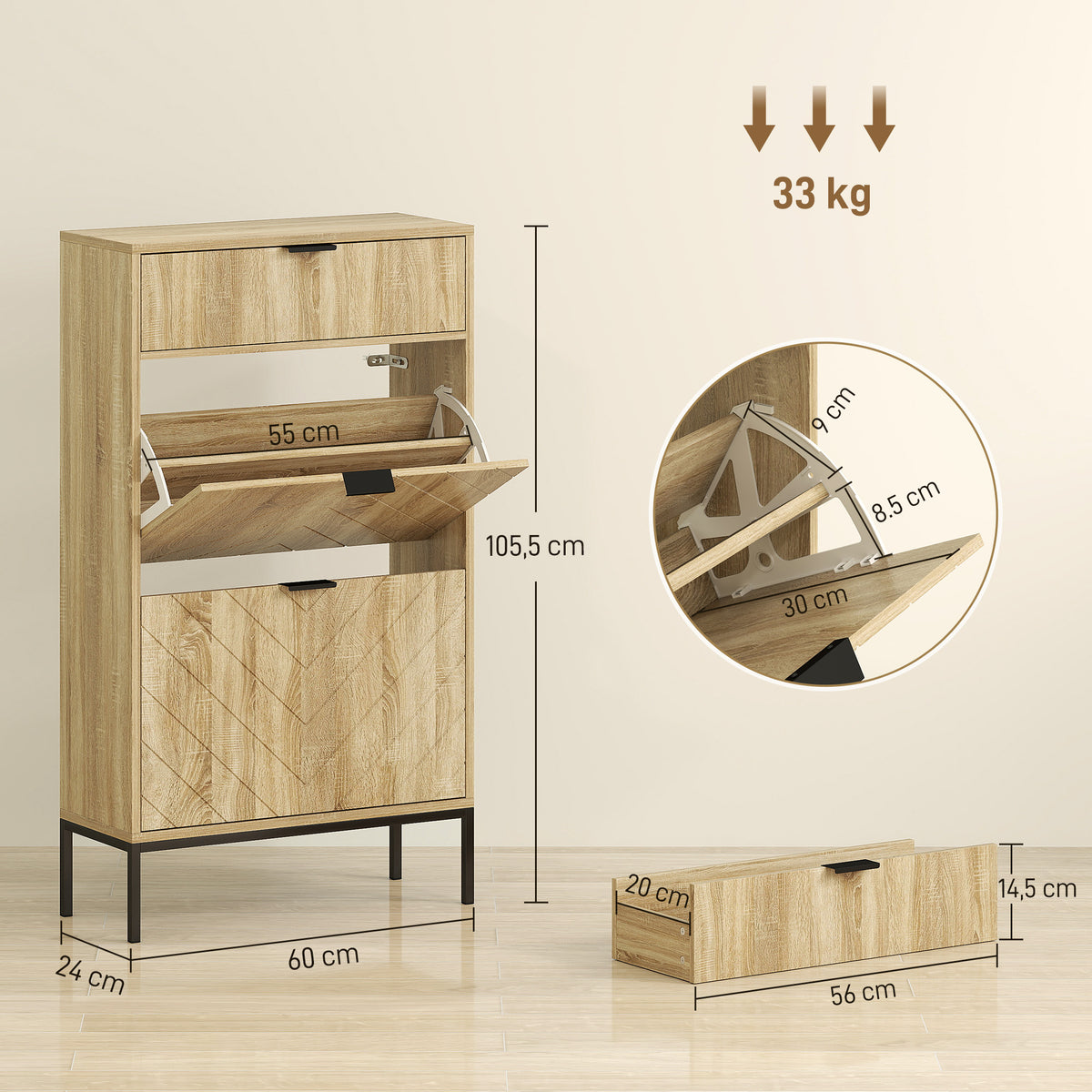HOMCOM Schuhschrank für 8 Paare mit herausziehbarer Schublade, 2 klappbaren Schubladen, verstellbaren Regalen, 60x24x105,5cm, Eiche