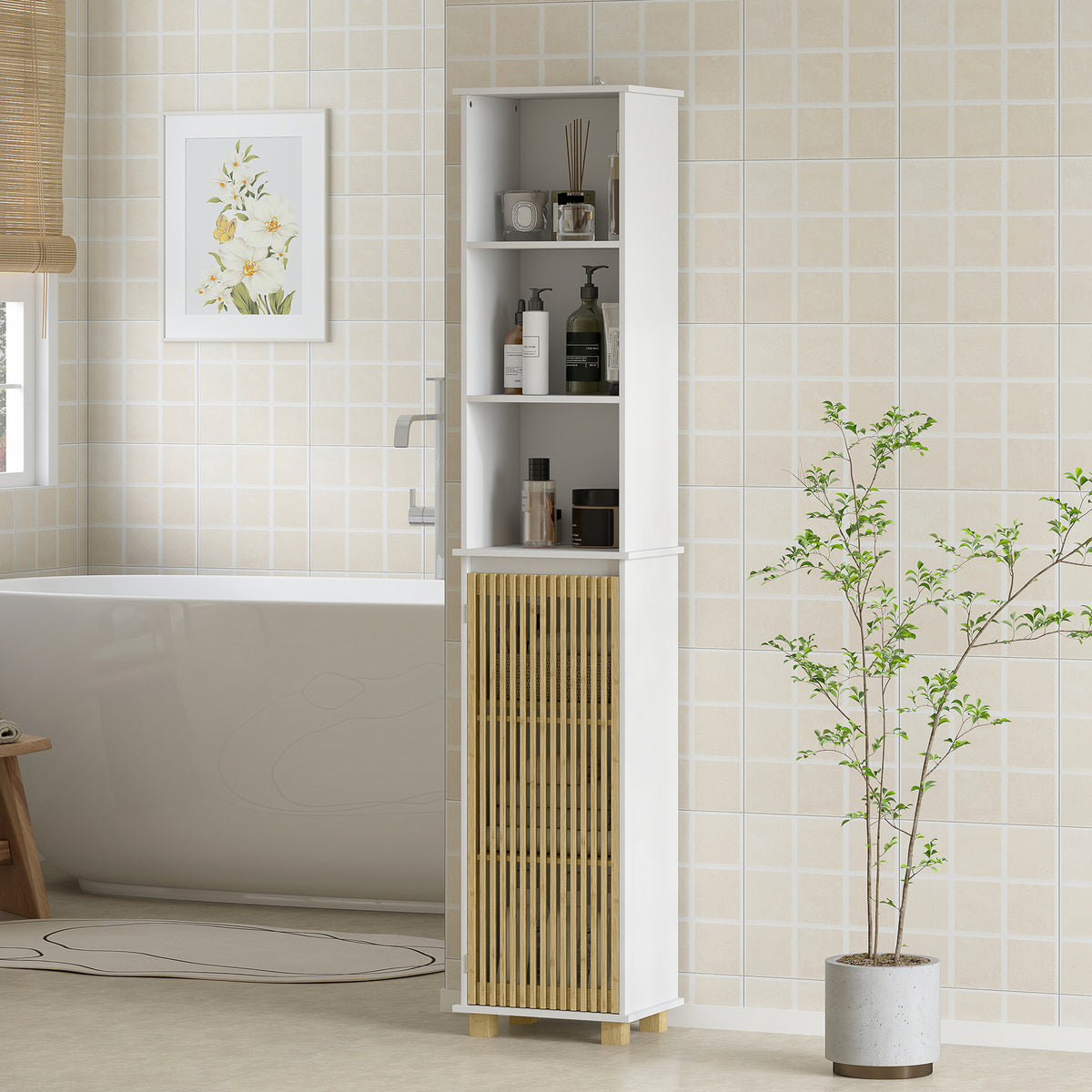 HOMCOM Badezimmerschrank, Badezimmerschrankspeicher mit Bambustür und offenen Fächern, weiß