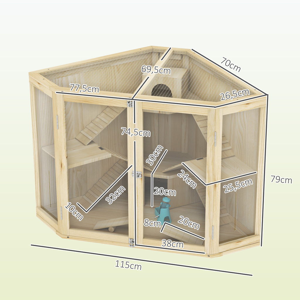 PawHut Hamsterkäfig, 4-Ebenen-Design, mit Fütterungsstation, Wippe, Rampe, Hütten, 115 x 69,5 x 79 cm, Holz