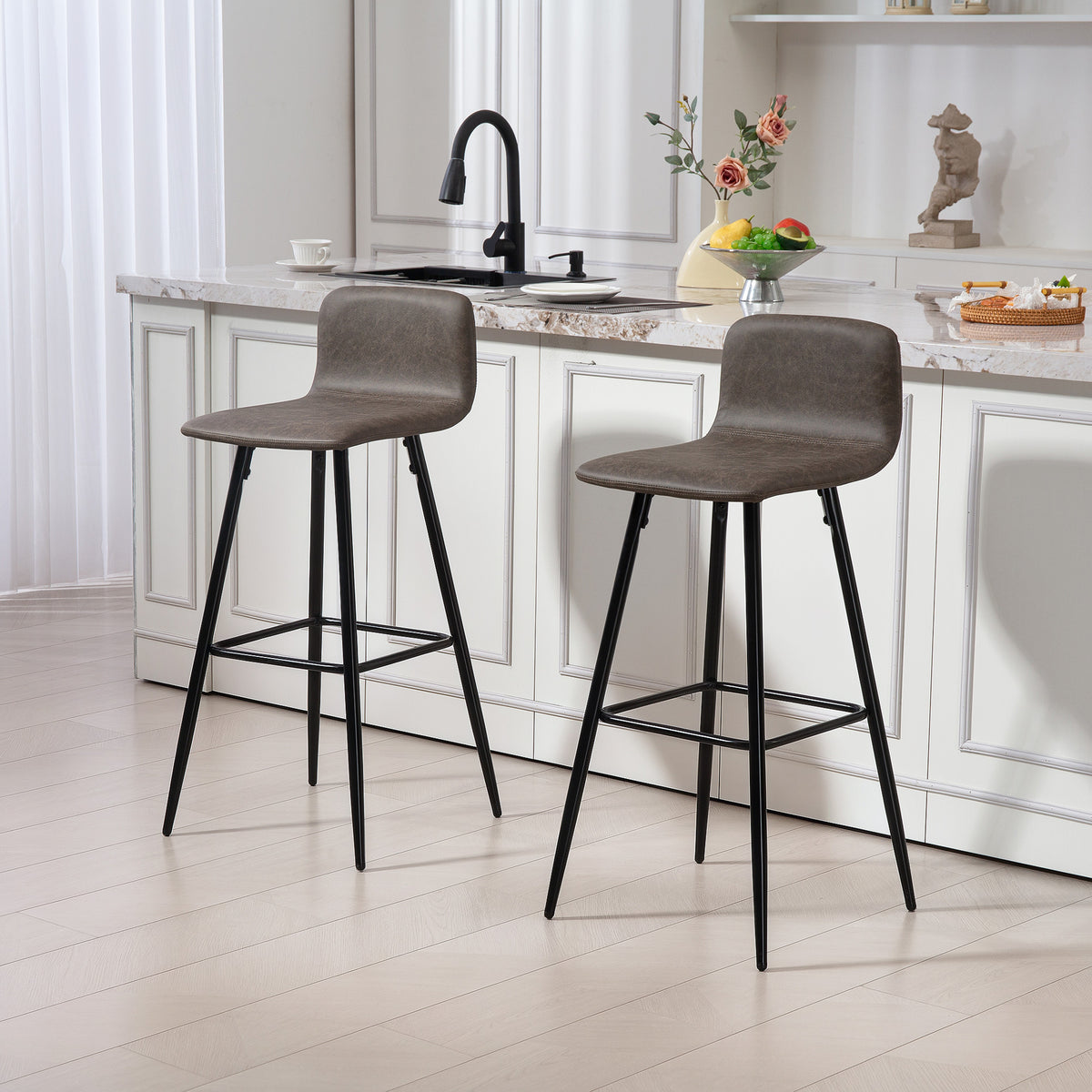 HOMCOM Set 2 Barhocker mit niedriger Rückenlehne und Fußstütze, PU-Bezug und Stahlbeine, Dunkelbraun