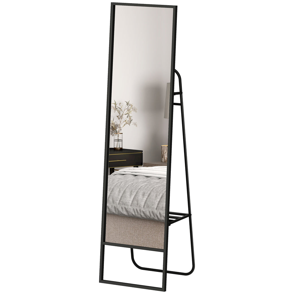HOMCOM Standspiegel 148,5 x 40 cm rechteckig mit hinterem Regal, 2 Haken und Metallrahmen, Schwarz