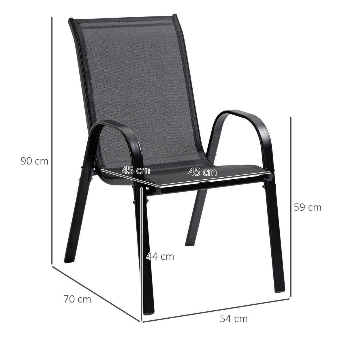 Outsunny Gartenstuhl 2er Set wetterfest Gartenstühle Stapelstuhl mit Armlehne Rückenlehne stapelbar Terrassenstuhl bis 120 kg belastbar Gartenmöbel für Hinterhof, Garten, Balkon Schwarz