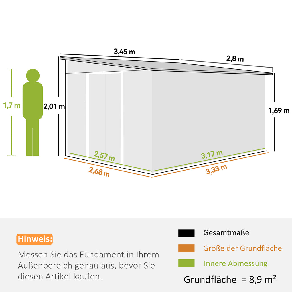 Outsunny Metall-Geräteschuppen Schrägdach verriegelbare Doppeltür 2,8 x 3,45 x 2,01m Grau