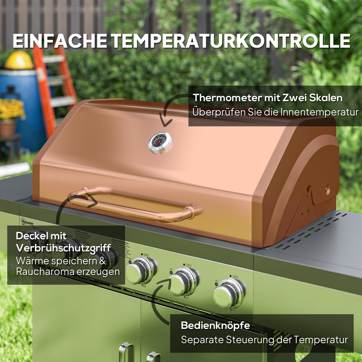 Outsunny Gasgrill 8500BTU Grillwagen inkl 6 Edelstahl-Brenner Thermometer Druckminderer 141 x 55 x 110 cm Silber