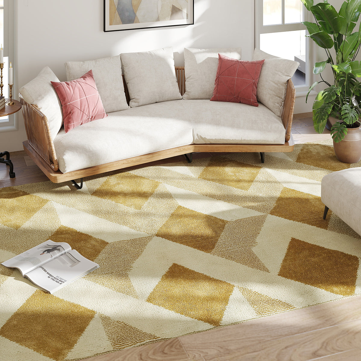 HOMCOM Teppich Wohnzimmer 230 x 160 cm Kurzflor maschinenwaschbar hypoallergen für Wohnzimmer, Schlafzimmer, Büro, Gelb