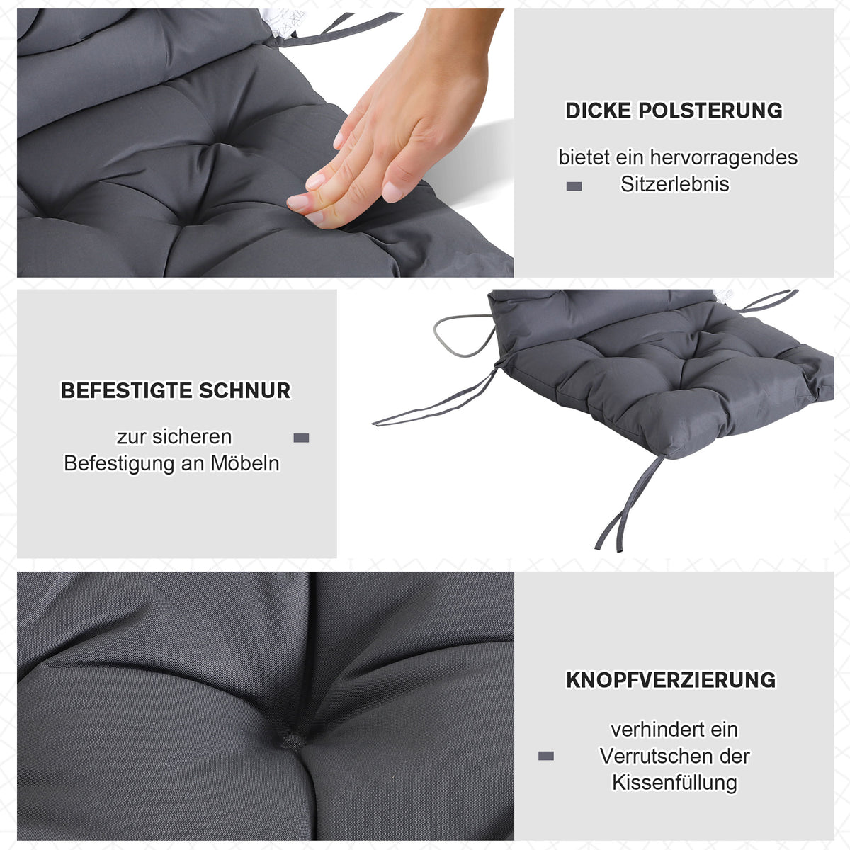 Outsunny 2er-Set Sitzkissen, 98cm x 50cm x 8cm Stuhlkissen mit Bänder, Polsterauflage, waschbar/Ergonomische Sitzpolster für Haus, Garten, Sofa, Grau
