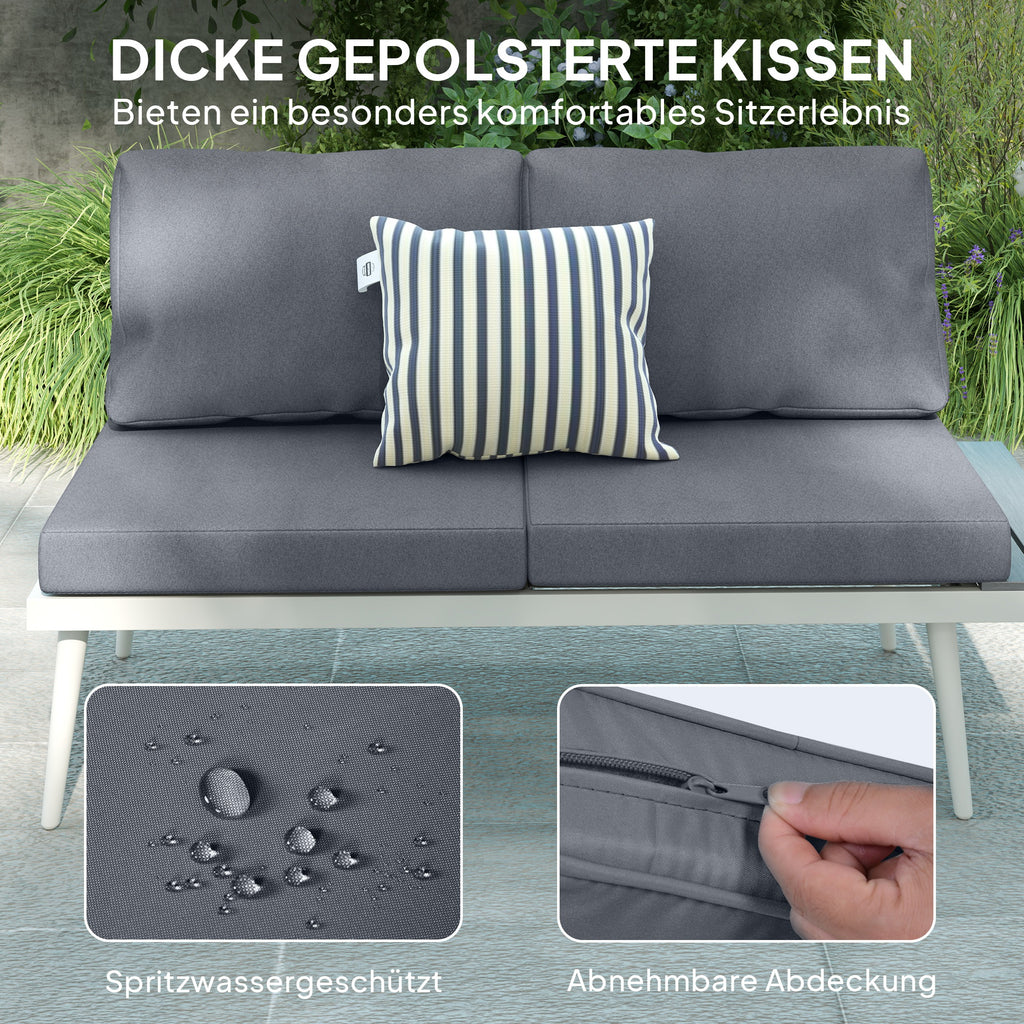 Outsunny Gartenmöbel Set 4 Personen wetterfest Balkonmöbel-Set mit 2er Sofa, Kissen Beistelltisch Stahl Grau