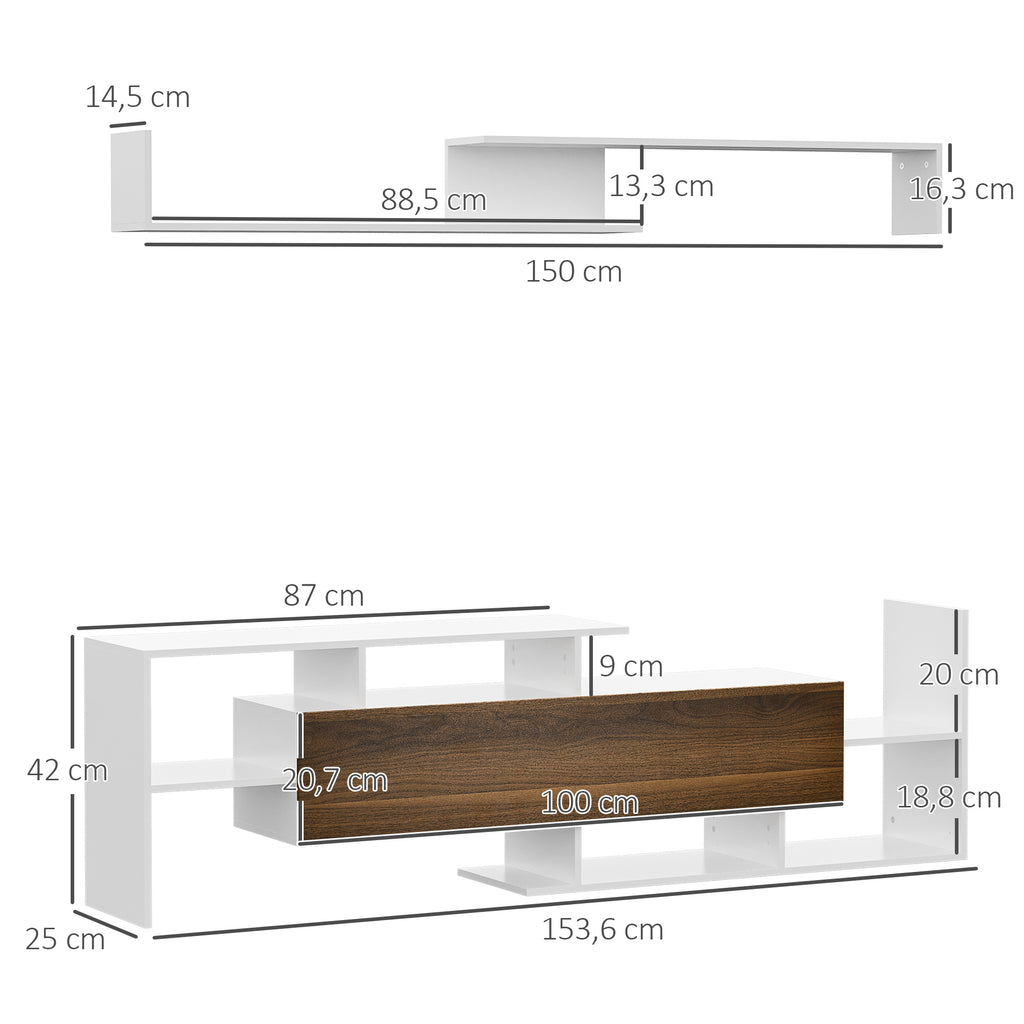 HOMCOM TV-Möbelset mit TV-Ständer und Wandregal im zeitgenössischen Stil 153,6L cm - Weiß und Braun