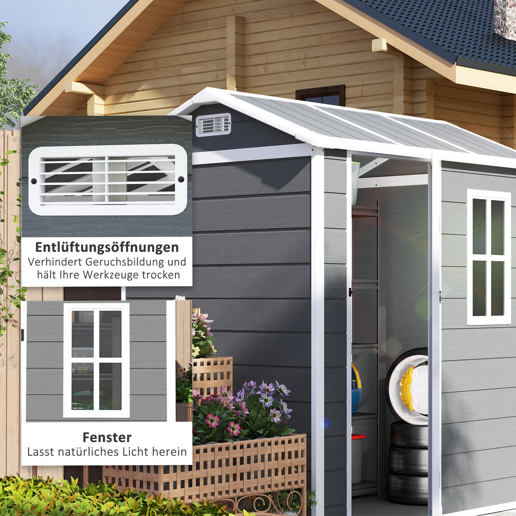 Outsunny Gartenhaus, Gartenschuppen mit Boden, Fenster, verschließbarer Tür, Kunststoff-Harz, wetterfest, Grau