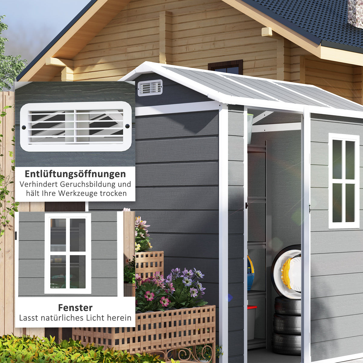 Outsunny Gartenhaus, Gartenschuppen mit Boden, Fenster, verschließbarer Tür, Kunststoff-Harz, wetterfest, Grau