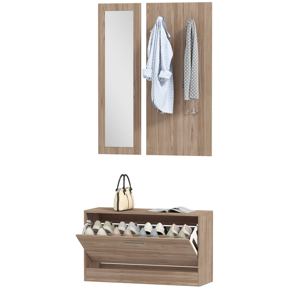 HOMCOM Set Möbel Eingang mit Schuhbank, Wandgarderobe und Spiegel, 80x27x46.5 cm, Dunkelbraun