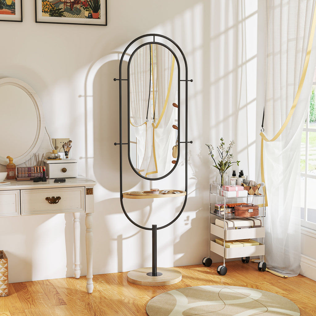 HOMCOM Ovaler Standspiegel mit Holzregal, 4 Haken und Metallrahmen, 50 x 40 x 175,5 cm, Schwarz