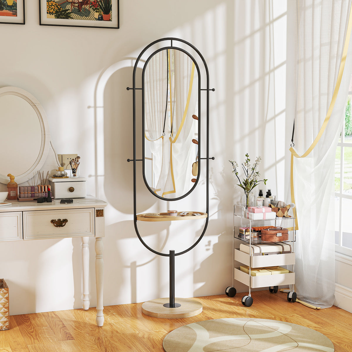 HOMCOM Ovaler Standspiegel mit Holzregal, 4 Haken und Metallrahmen, 50 x 40 x 175,5 cm, Schwarz