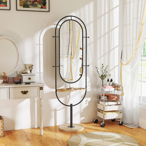 HOMCOM Ovaler Standspiegel mit Holzregal, 4 Haken und Metallrahmen, 50 x 40 x 175,5 cm, Schwarz