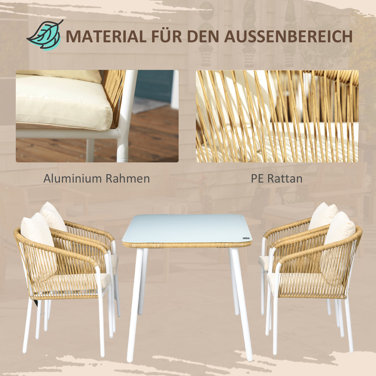 Outsunny Gartengarnitur, 5-teilig, Rattanoptik, Sitz- & Rückenkissen, rostfreier Alu-Rahmen, Gelb/Weiß/Beige