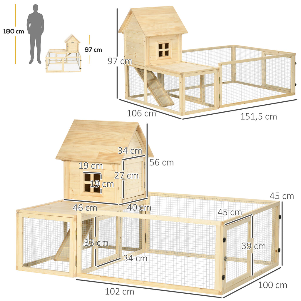 PawHut Kaninchenstall, 1 Rampe, 1 Nistkasten, 1 Bodenwanne, 151,5 x 106 x 97 cm