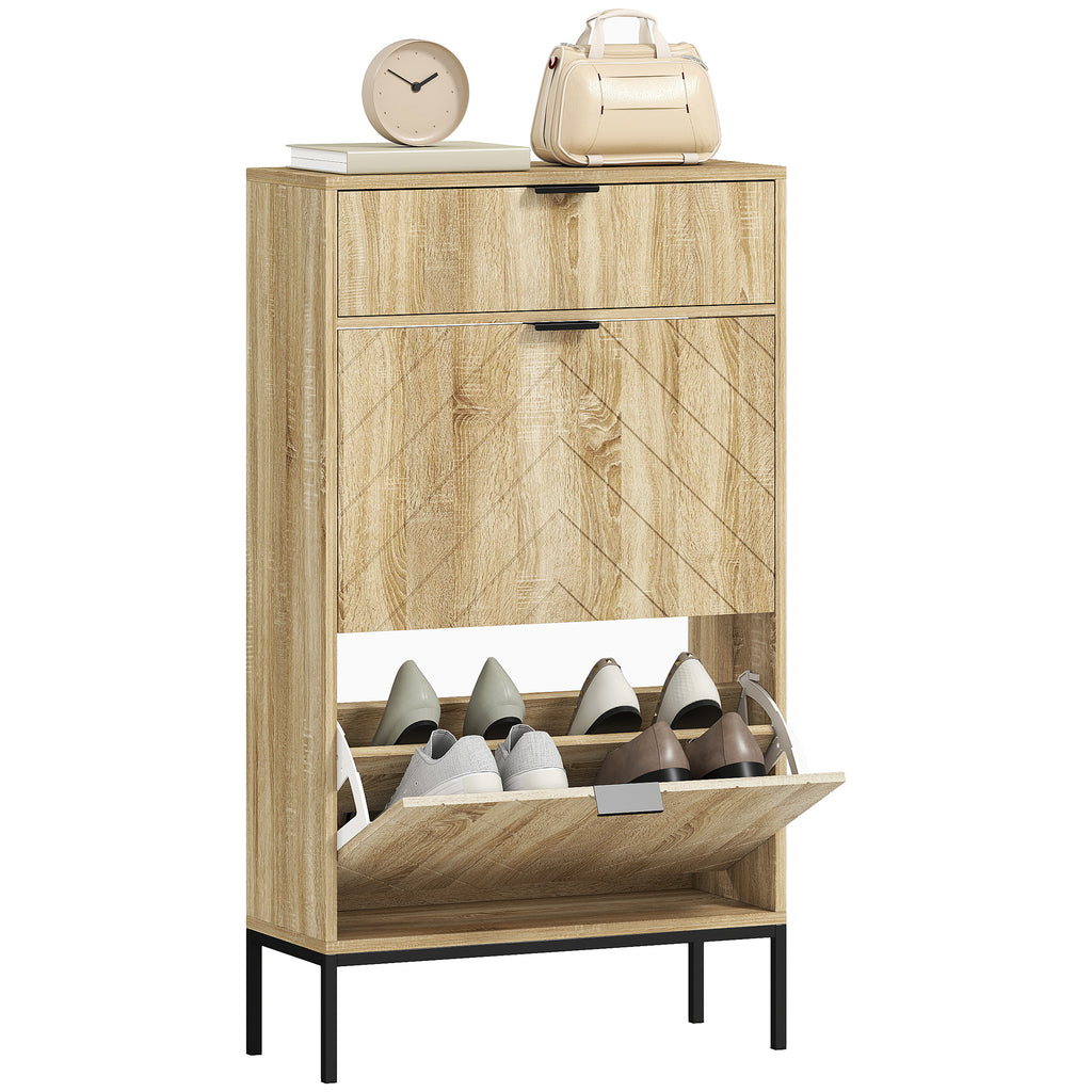 HOMCOM Schuhschrank für 8 Paare mit herausziehbarer Schublade, 2 klappbaren Schubladen, verstellbaren Regalen, 60x24x105,5cm, Eiche