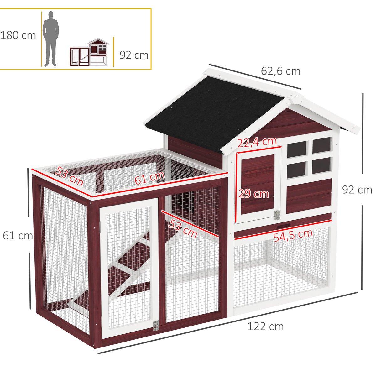 PawHut Hasenstall Multi-ausgestattet: Oberteil mit Rampe, Kotwanne, Fenster + sicheres Außengehege 2 Türen 122L x 63B x 92H cm Terrakotta