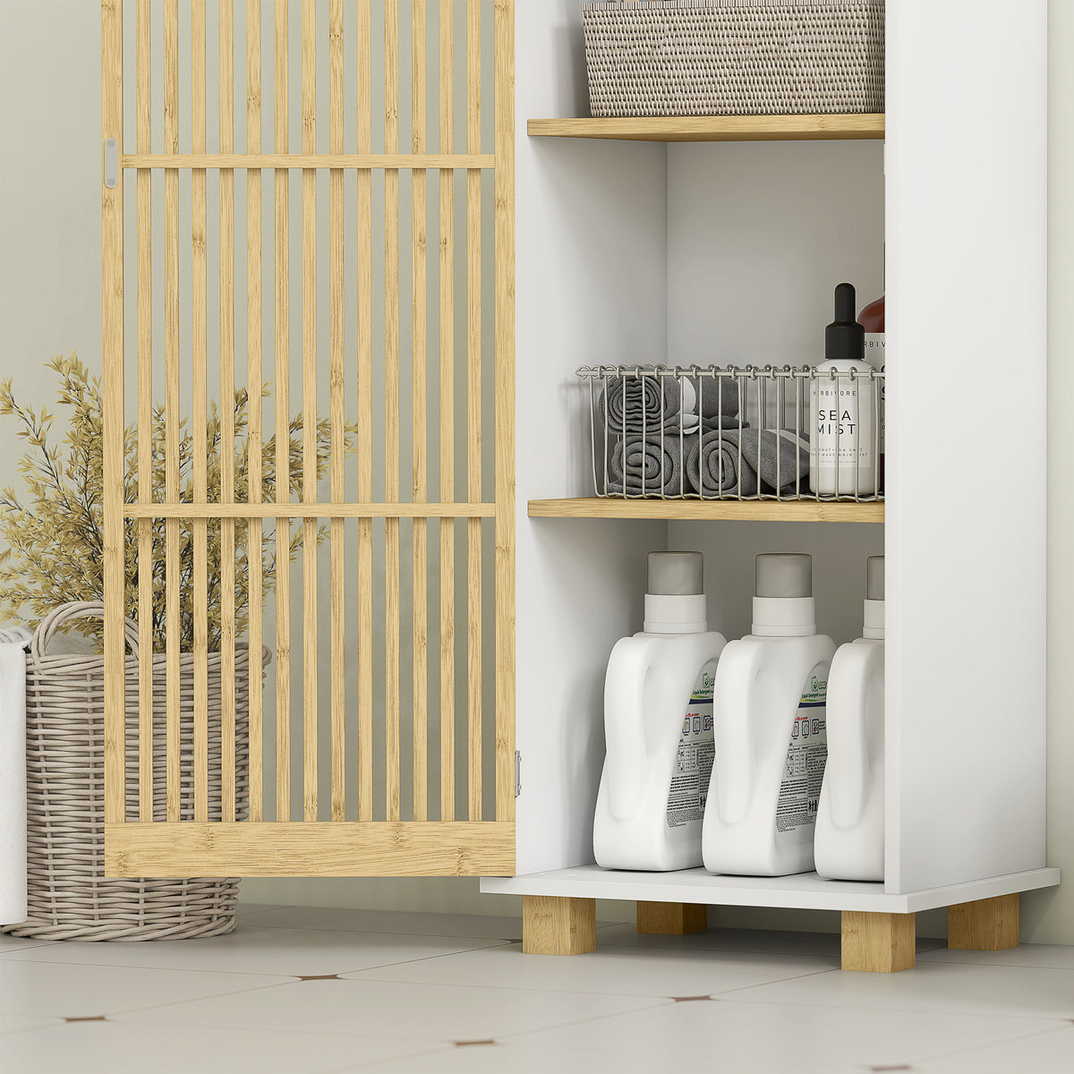 HOMCOM Badezimmerschrank, Badezimmerschrankspeicher mit Bambustür und offenen Fächern, weiß