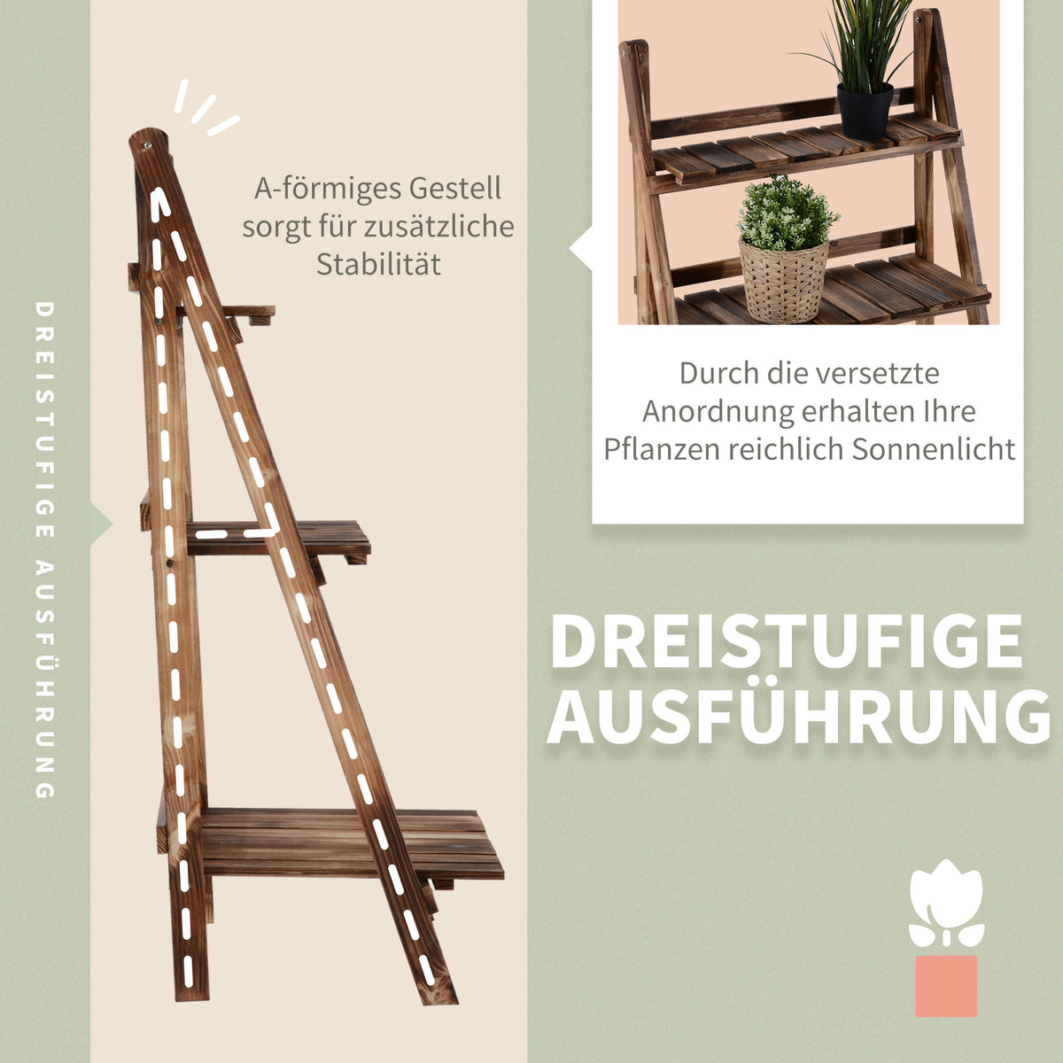 Outsunny Pflanzentreppe Blumenbank Blumentreppe Blumenregal Pflanzregal Blumenständer 3 Stufen Tannenholz Dunkelbraun 60 x 37 x 93 cm