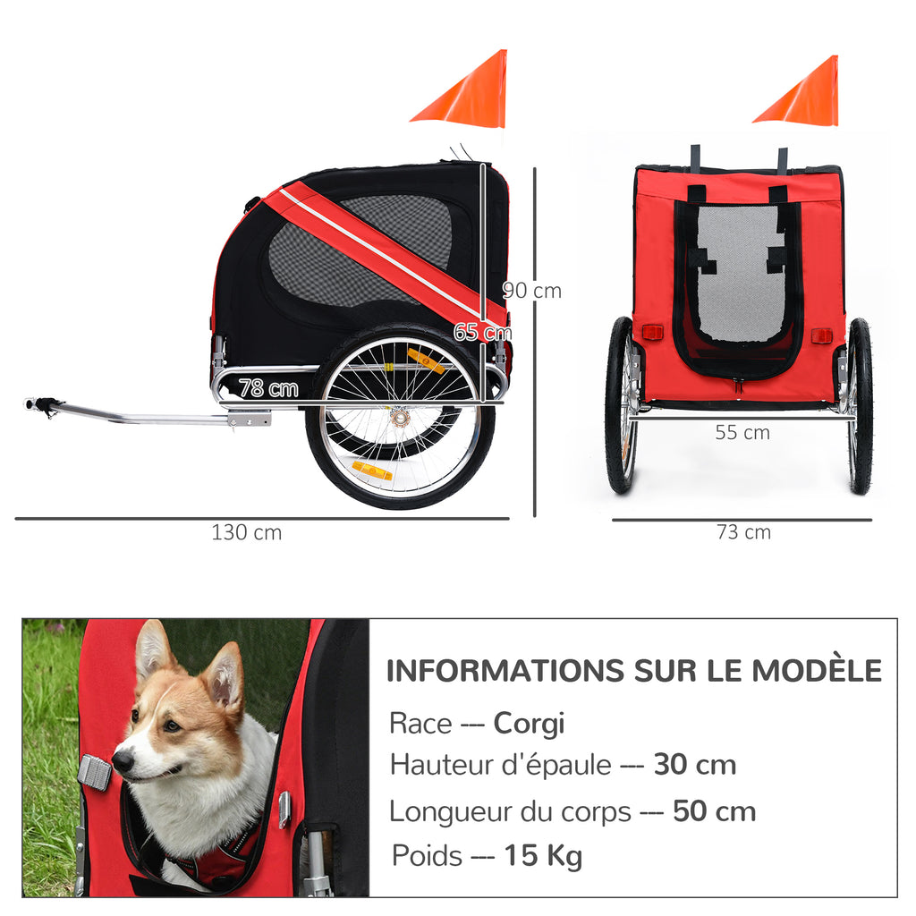 PawHut Fahrradanhänger für Hunde Haustiere 8 Reflektoren Flagge Deichsel inkl. Stahl Polyester wasserdicht Max. 30 kg 130L x 73B x 90H cm Rot