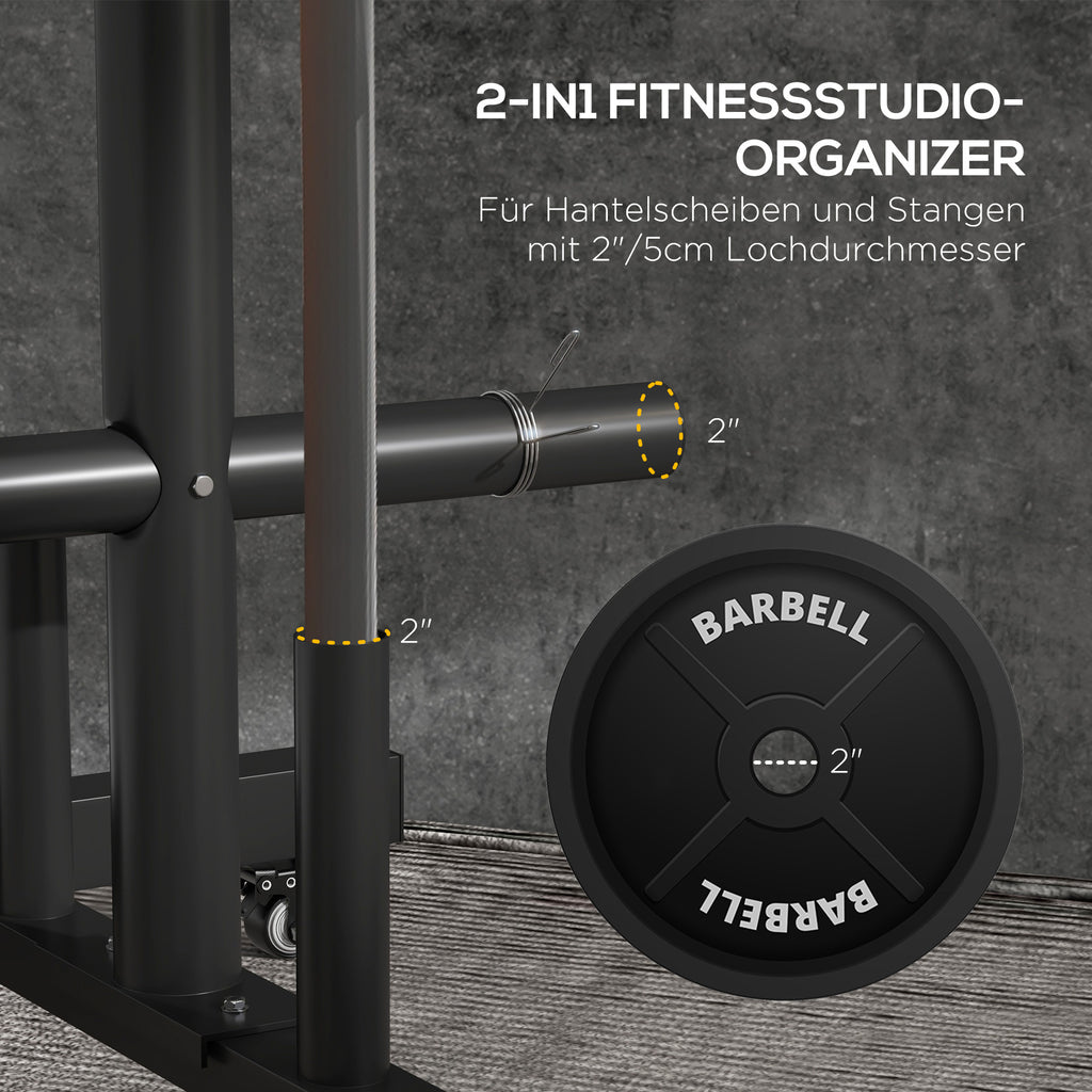 SPORTNOW Hantelscheibenablage, 6 Tragarme, 2 Hülsen für Hantelstangen, bis 200 kg, Stahl, 70 x 60 x 135 cm, schwarz