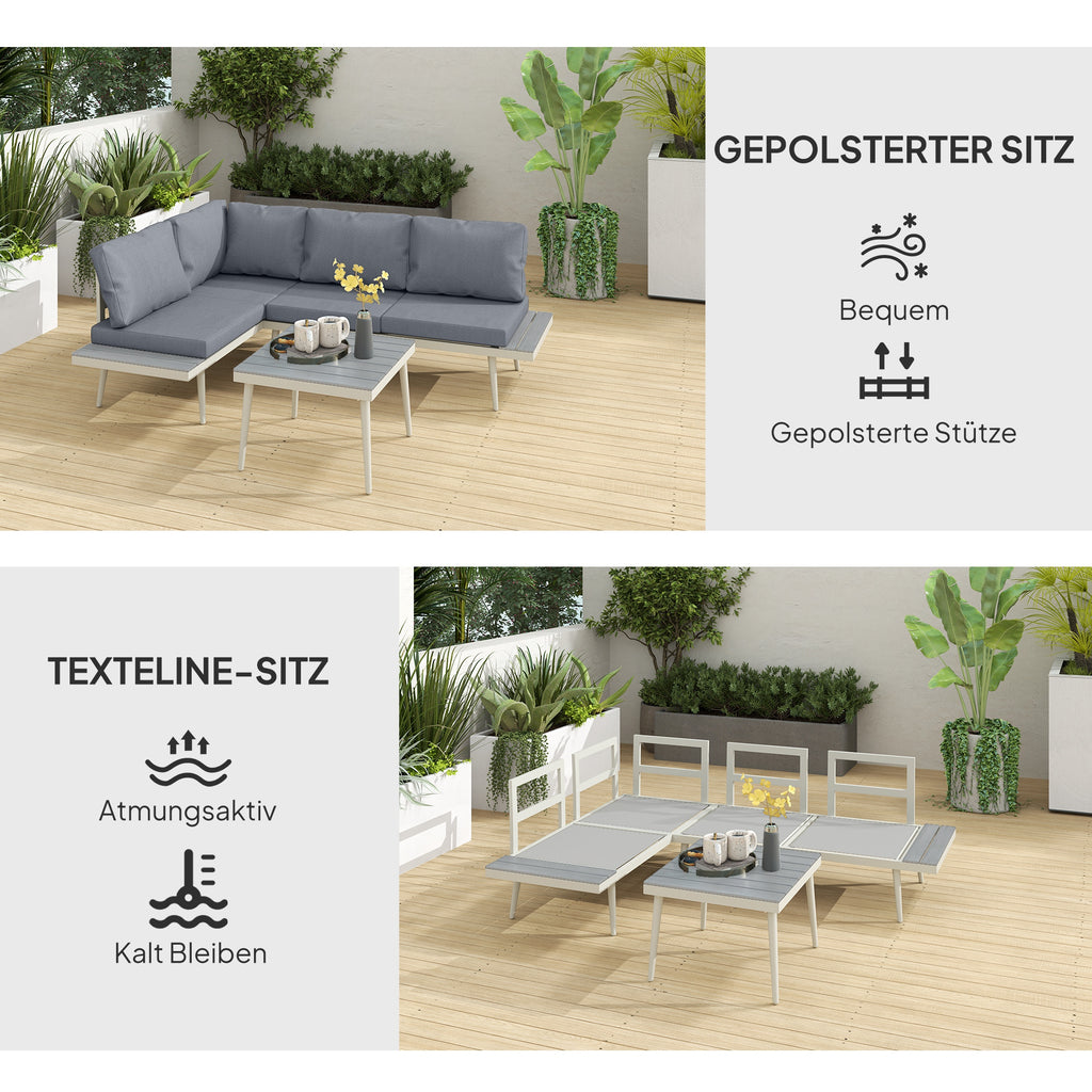 Outsunny Gartenmöbel Set 4 Personen wetterfest Balkonmöbel-Set mit 2er Sofa, Kissen Beistelltisch Stahl Grau