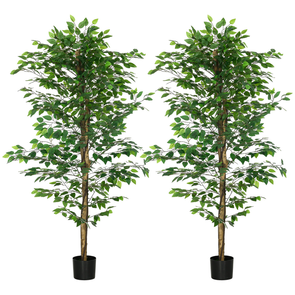 HOMCOM Set mit 2 künstlichen Ficus-Pflanzen 1,80 m hoch Stamm Äste Liane Moosblätter sehr realistisch inklusive Topf Grün