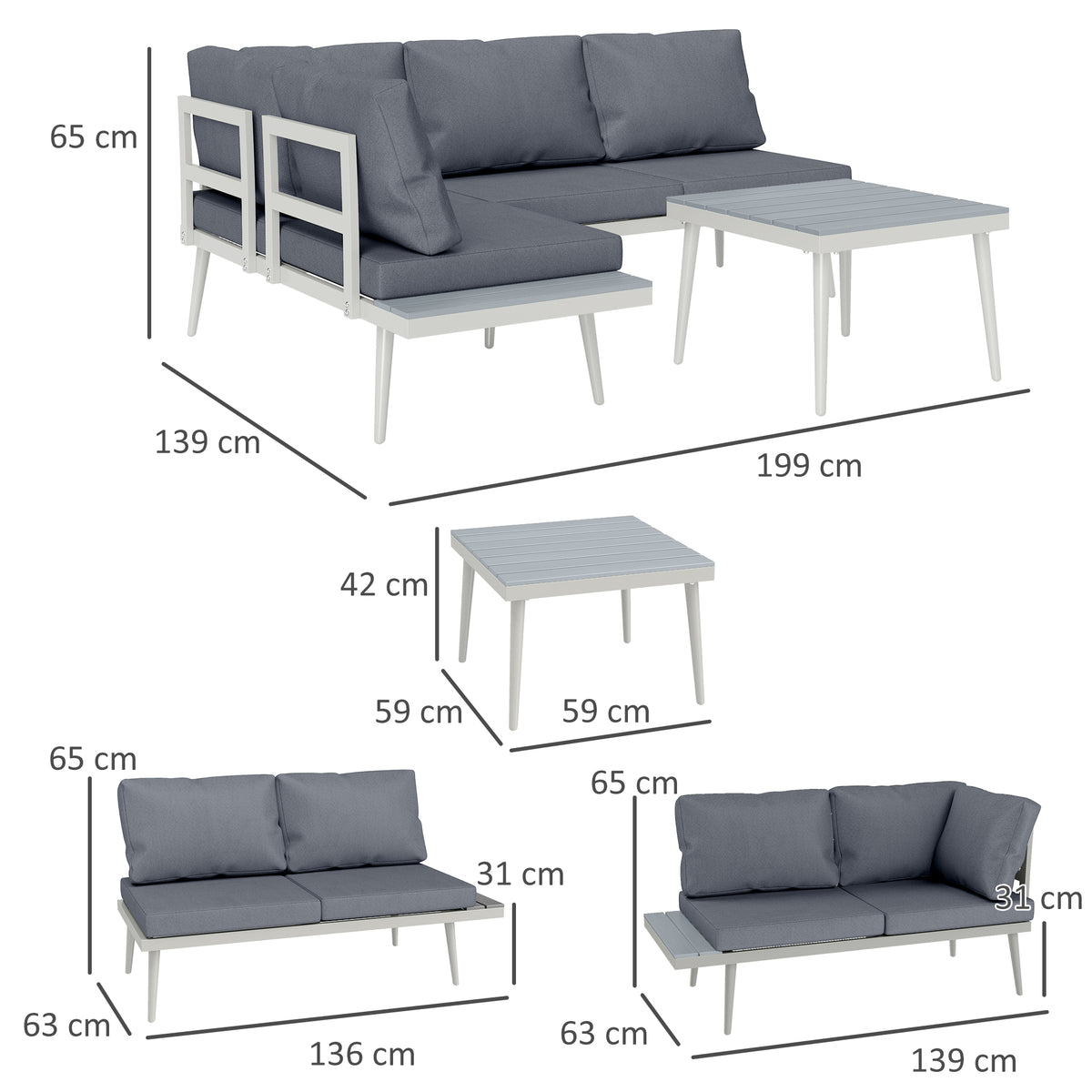 Outsunny Gartenmöbel Set 4 Personen wetterfest Balkonmöbel-Set mit 2er Sofa, Kissen Beistelltisch Stahl Grau
