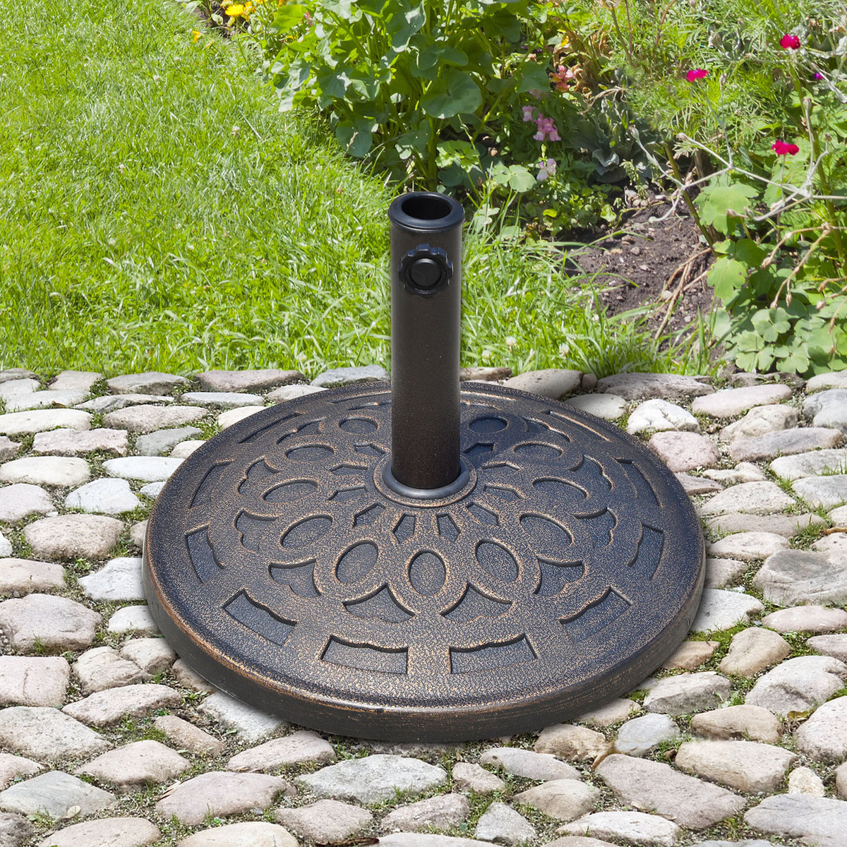 Outsunny Sonnenschirmständer aus Harz 14kg Schirmständer Griffe, Rund Schirmhalter, Schirmgewicht für Sonnenschirm 38mm/48mm Rohrdurchmesser, für Balkon, Terasse, Garten, Bronze