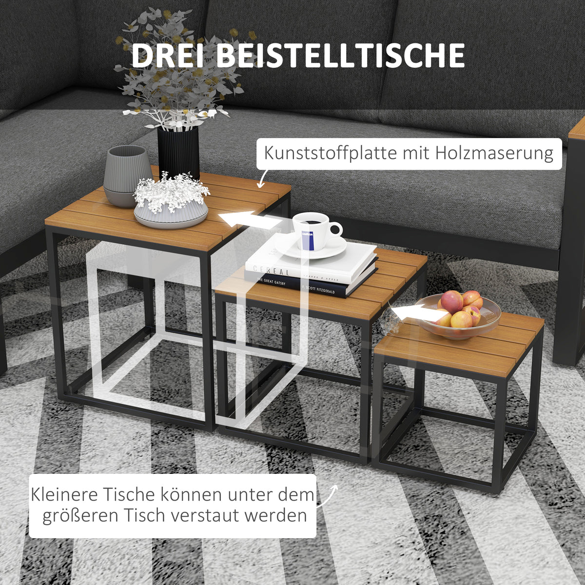 Outsunny Outdoorsitzgruppe 5-teiliges Loungemöbelsicht Gartenmöbelset, 148 cm x 61 cm x 71,5 cm, Grau + Natur