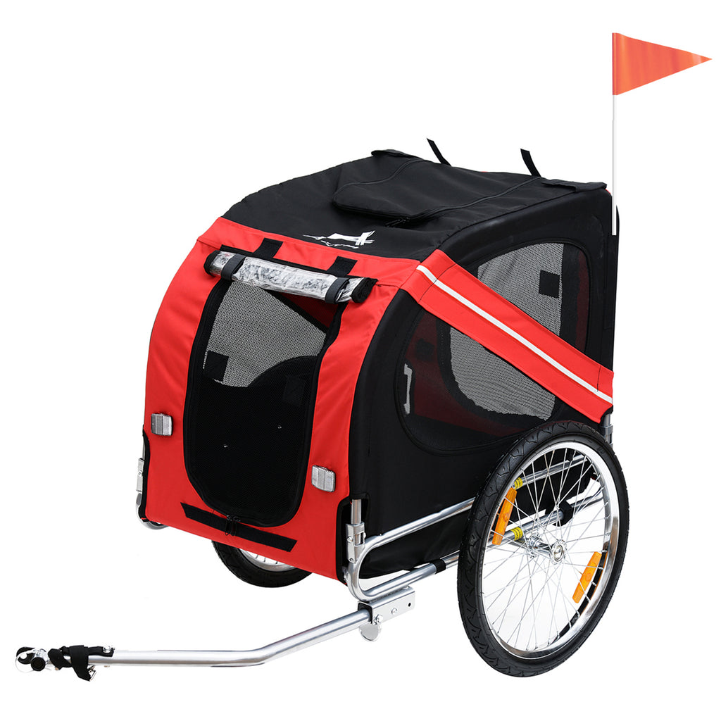 PawHut Fahrradanhänger für Hunde Haustiere 8 Reflektoren Flagge Deichsel inkl. Stahl Polyester wasserdicht Max. 30 kg 130L x 73B x 90H cm Rot