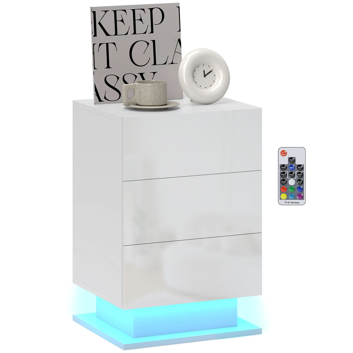 HOMCOM Moderner Nachttisch mit Einstellbarer LED-Licht und Fernbedienung, 40x35x60 cm, Glänzendes Weiß
