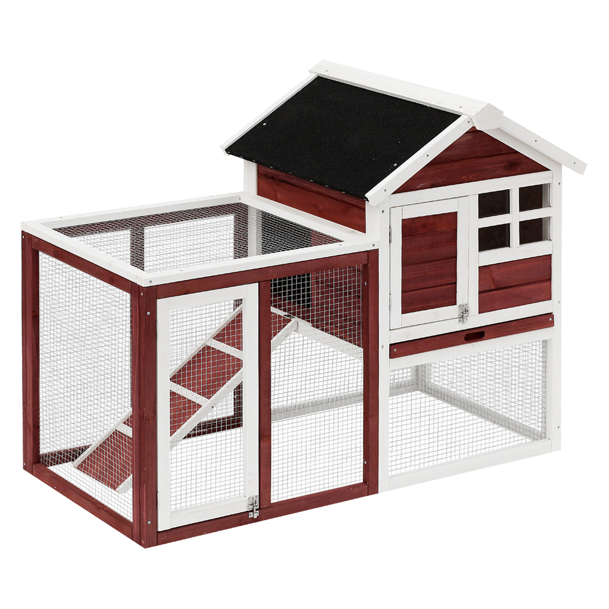 PawHut Hasenstall Multi-ausgestattet: Oberteil mit Rampe, Kotwanne, Fenster + sicheres Außengehege 2 Türen 122L x 63B x 92H cm Terrakotta