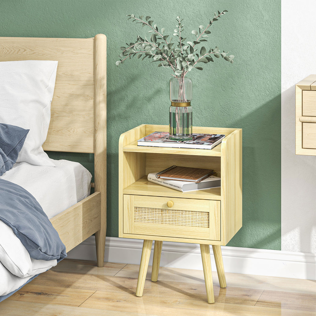 HOMCOM Set mit 2 Nachttischen mit Rattan-Effekt Schublade und offenem Fach, 40 x 30 x 60 cm, Naturholzoptik
