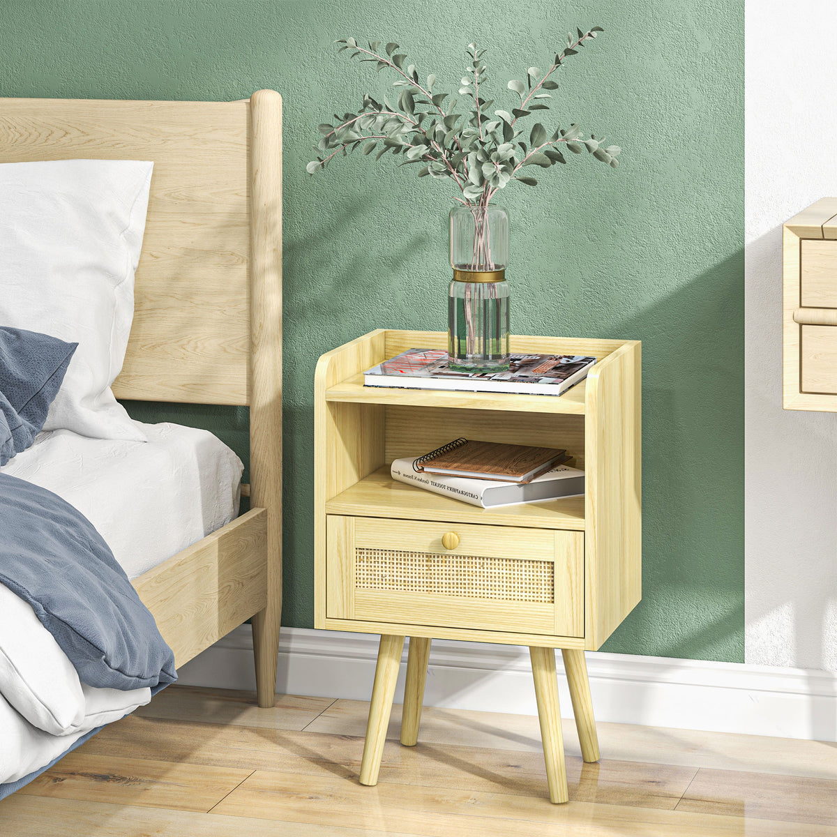 HOMCOM Set mit 2 Nachttischen mit Rattan-Effekt Schublade und offenem Fach, 40 x 30 x 60 cm, Naturholzoptik
