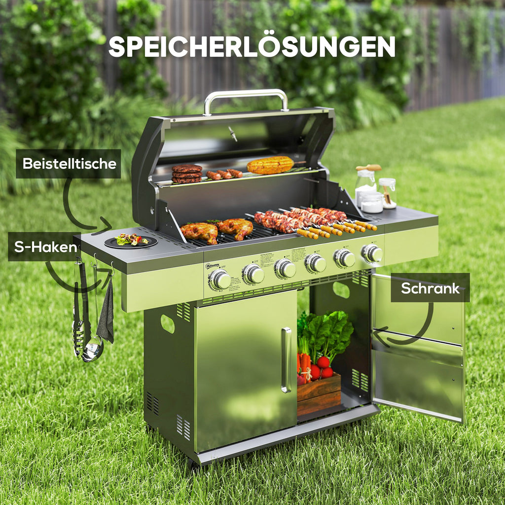 Outsunny Gasgrill 8500BTU Grillwagen inkl 6 Edelstahl-Brenner Thermometer Druckminderer 141 x 55 x 110 cm Silber